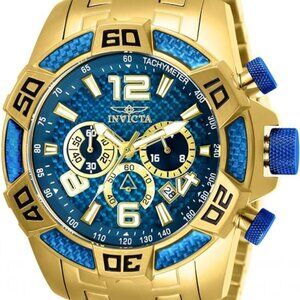 Invicta Men 50mm Pro Diver Quartz Chronograph Blue Fiber Dial Gold Tone SS Watch
